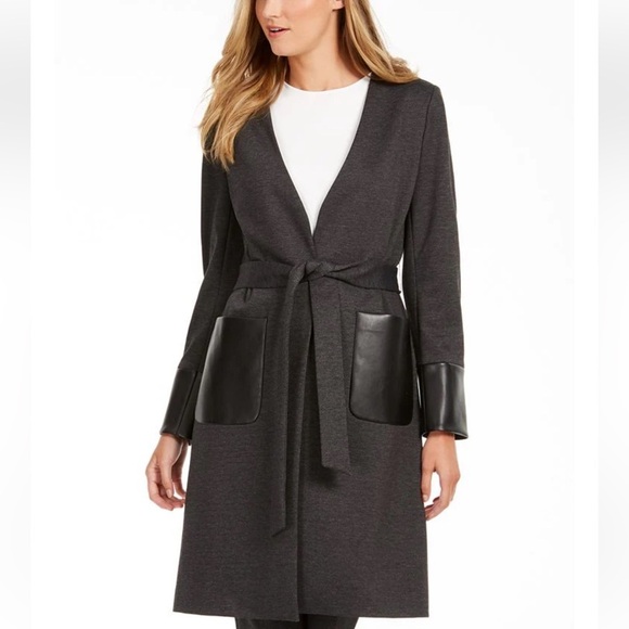 CALVIN KLEIN  ⭐️faux leather trim belted cardigan - Picture 1 of 9